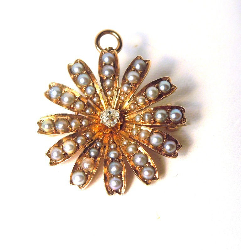 Antique Victorian 14k YG Diamond Seed Pearl Pin/Pendant- GAL Appraisal-Gift Box