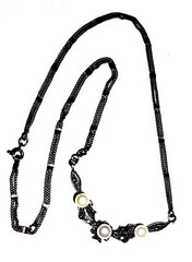 Vintage Sterlling Silver Marcasite Pearl Stationed Necklace 17″ Double Chain