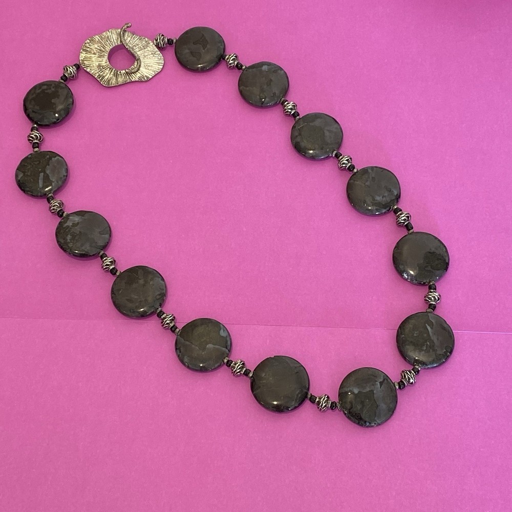 Vintage Beaded Necklace with Round Smoky Gray & Black Rhyolite Or Ocean Jasper