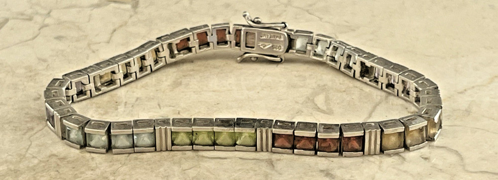Vintage Sterling 925 Channel Set Square Cut Multi Colored Gemstone Bracelet