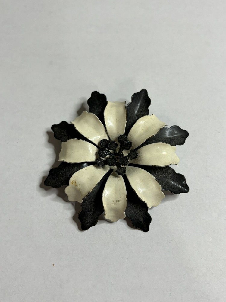 Vintage Large Enamel Black And White Flower Brooch Pin