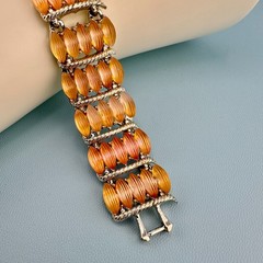 Vintage Bracelet Peach Pink Melon Frosted Lucite Thermoset Silver Tone Wide 6″