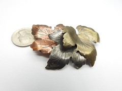 Copper Brass Silver Plated Metal Triple Leaf Brooch Vintage