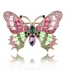 Pink and Green Butterfly Brooch Gold Tone Enamel & Crystals