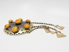 Latvia huge ethnic butterscotch Baltic amber dangles Sakta pin brooch