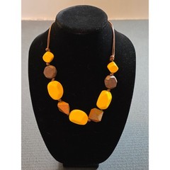VTG C Est. 1946 Wood Yellow Chunky Geometric Beaded Faux Leather Necklace 24″