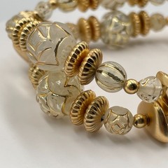 Vintage Y2K Gold Tone Clear Frosted Lucite Beaded Multi Layer Wrap Cuff Bracelet