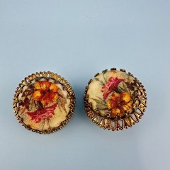 Vintage West Germany Earrings Sugared Florals Gold Tone Filigree Round Clip On