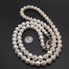 Handcrafted Freshwater Pearl Rhinestone Necklace 32” Long Statement Strand