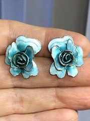 11. Vintage Sterling Silver 925 Blue Enamel ROSE Flower Stud Earrings 21 x 17mm