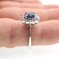 Classic 14k Solid White Gold Natural Blue Sapphire and Diamond HALO Ring Sz 6.5