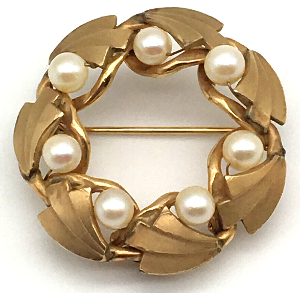 Henry Griffith Signed H.G. 60’s Brushed 1/20 12KTGF Cultured Pearls Wreath Pin