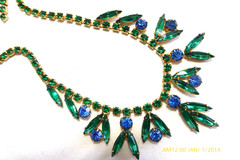 RARE VINTAGE JULIANA D&E BLUE & GREEN MARQUISE RHINESTONE NECKLACE EARRINGS SET