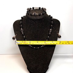NECKLACE BRACELET EARRINGS set black acrylic metal caged screwbacks vintage