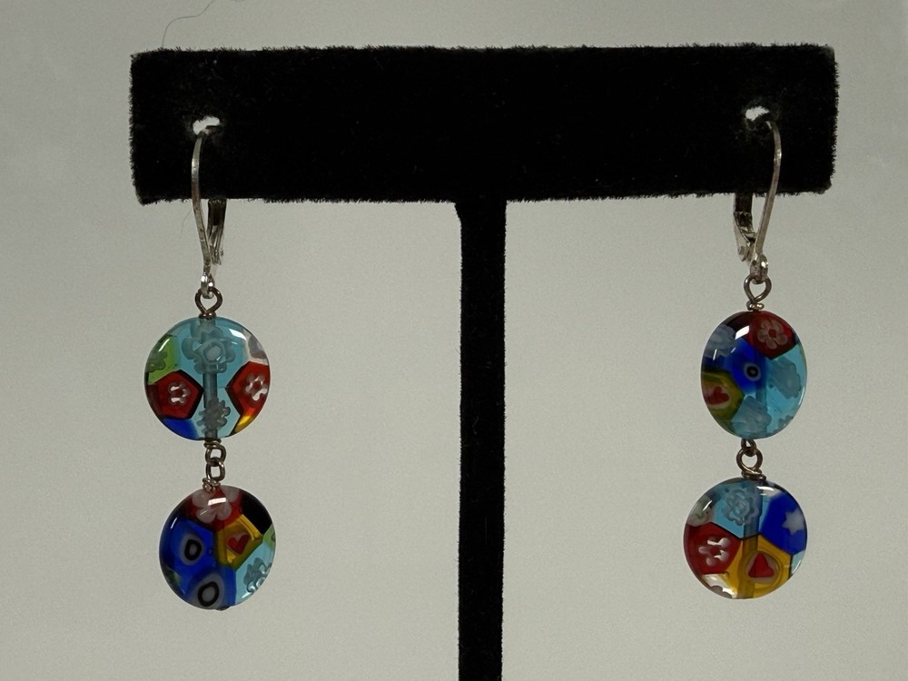 VTG Millefiori Art Glass Round Beaded Dangle Drop Pierced Earrings 1.5” Hook