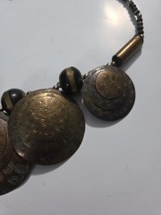 Vtg. Brass, Copper? Wood Beads Tribal Necklace, Large Round Disks