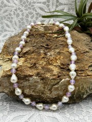 Vintage Freshwater Pearl Necklace Lavender Glass Beads with Gold Tone Clasp