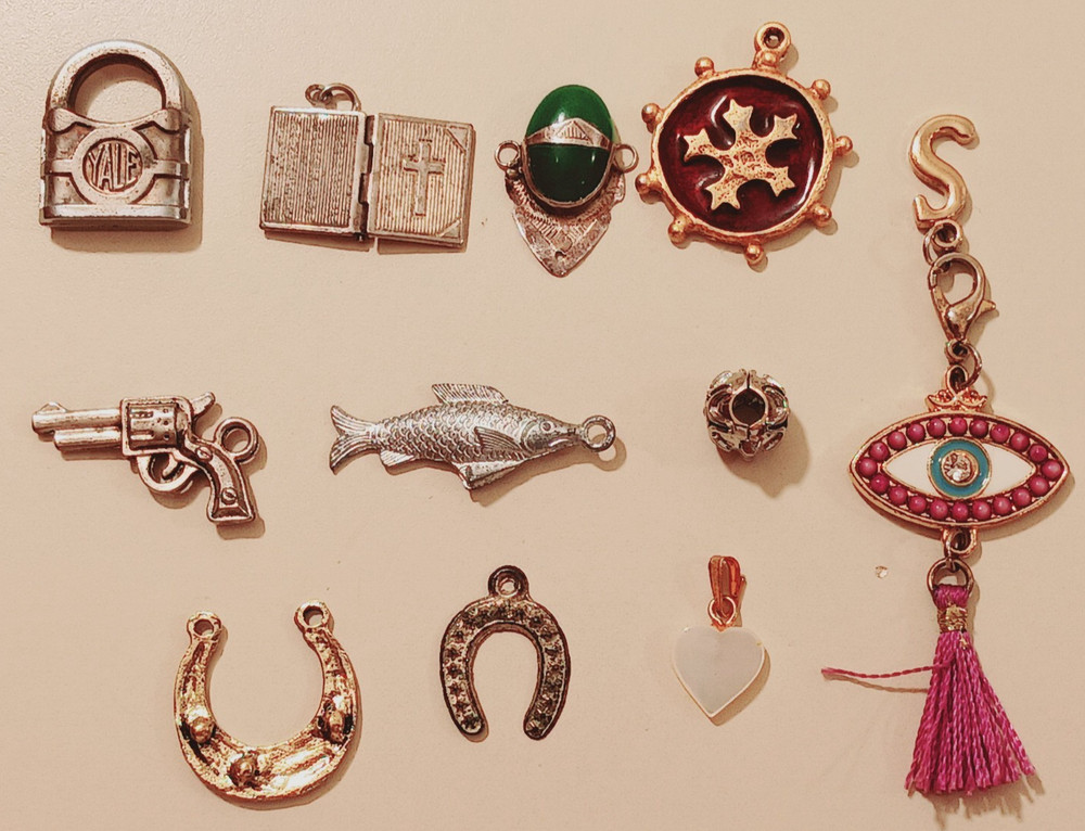 Vintage Silver Tone Charm Lot Yale Padlock Bible Gun Fish Horseshoe Jade Jewelry