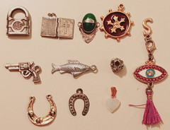 Vintage Silver Tone Charm Lot Yale Padlock Bible Gun Fish Horseshoe Jade Jewelry