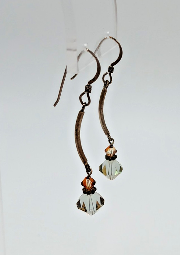 925 Crystal Drop Earrings 1.75in Sterling Silver 2g Aqua Blue Amber Tone Bicone