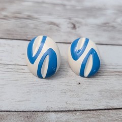 Vintage Stud Earrings For Pierced Ears Cream & Blue Retro Oval
