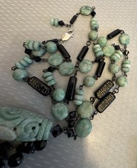 Sterling Silver Carved Jade Cylinder Deco Tassel Necklace Wired Black Glass Bead