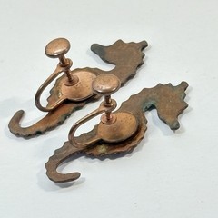 Copper Enamel Seahorse Earrings Vintage Artisan Blue Screw Back 1.5″