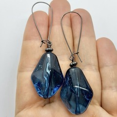 Vtg Large Blue Resin Translucent Nugget Statement Drop Earrings Wire Hook Dangle