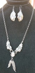 NAVAJO STERLING SILVER MOTHER OF PEARL FEATHER NECKLACE & EARRINGS 20.6 Grams