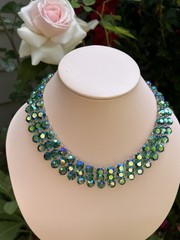 Vintage 3 Strand Peacock Green/Blue Aurora Borealis Crystal Necklace Not Signed
