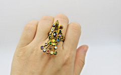 Multi color stones Peacock Gold Ring Vintage Brass Free Size Amulet charm Rare