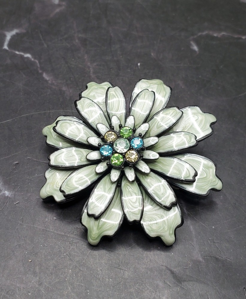 Vtg 1960s Enameled 4 Layers Metal Flower Pendant Brooch Multi Color Rhinestones