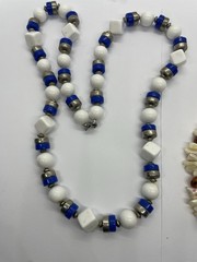 Lot 2 Pc Vtg Chunky Necklaces Blue Silver & White & Shell w Faux Amber Nuggets