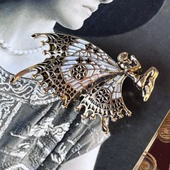 Vintage Fairy Brooch – Gold Tone Blue Enamel Wings – Modern Fantasy Pin – 2”