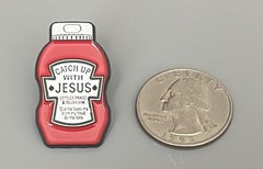 Enamel-Metal-Catchup With Jesus-Bottle-Religious Pin Back Tie Tack Brooch 1”