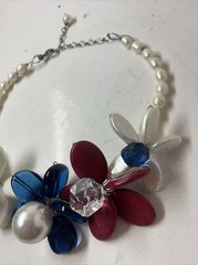Vintage Stone, Pearl & Glass Floral Beaded Necklace Wire Hand Strung Chunky 19”