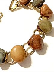 Vintage Semi Precious Stone Bracelet Polished Agate Gold Tone Links Statement 7″