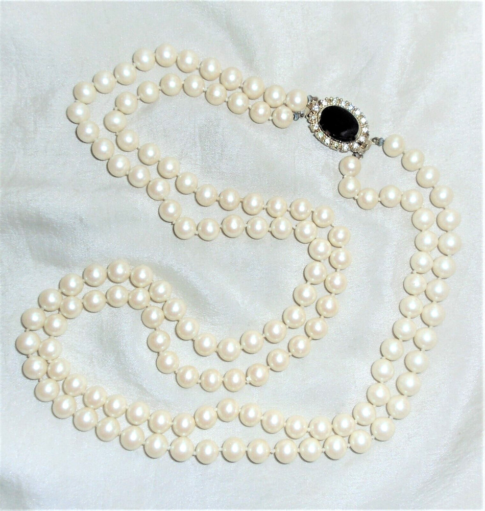 Vintage CELEBRITY NY Faux Pearl Rhinestone 2 Strand Hand Tied Necklace