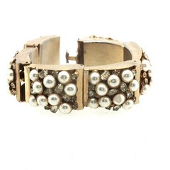 Vintage Gold‑Tone Pearl & Rhinestone Bracelet – Hinged Link Design, Cluster Pear