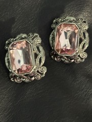Vintage Brooch Earrings Set Pierced Pink Rhinestone Leaf Flowers Open Work.