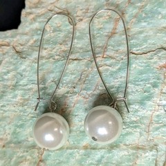 Women’s Sterling Silver White Pearl Long Wire Drop Dangle Earrings