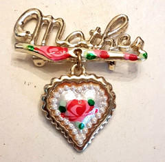Mother’s Day Dangle Pink Red Rose Heart Brooch 2″ Script Statement Pin