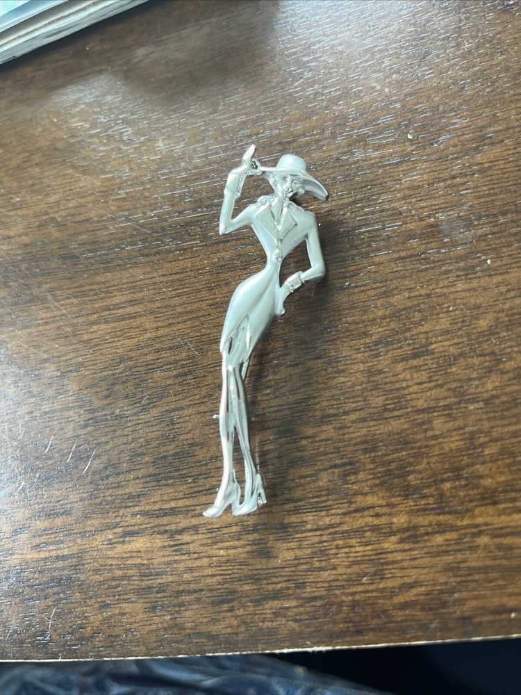 Vintage Signed AJC Fashionably Dressed Woman Silver Tone Pin Art Deco Fashion