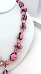 Vintage Glass Necklace Pink Black Art Glass Beaded Pendant 18 Inch