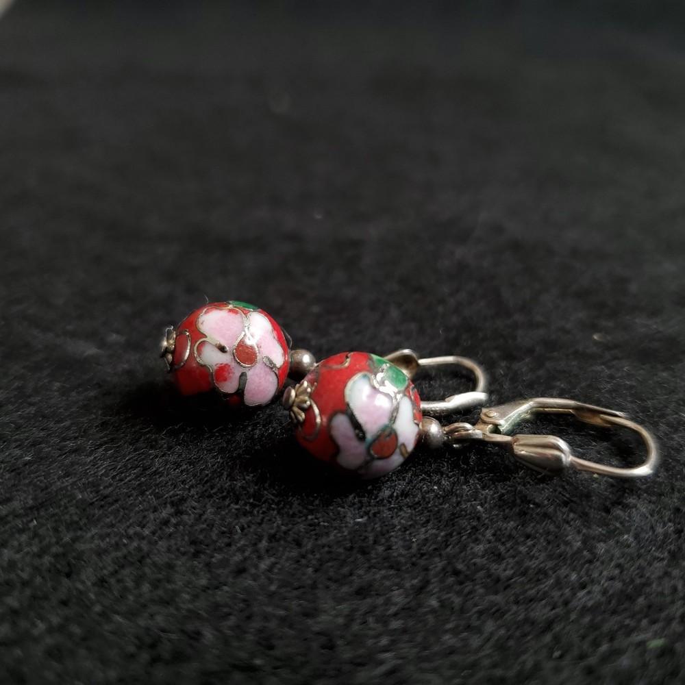 Vintage Cloisonne Earrings Dangle Floral Sterling Silver Red Pink 10mm Bead