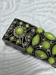 Vintage Green Faceted Cabochon & AB Rhinestones Ornate Stretch Bracelet