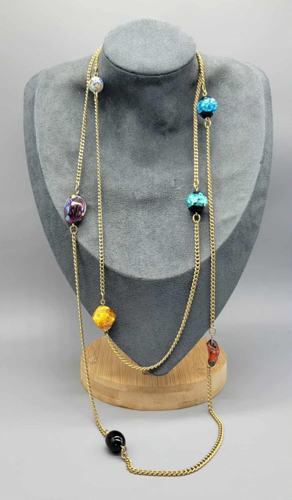 Vintage Gold-Tone Chain Necklace W/ Colorful Glass Beads N1D