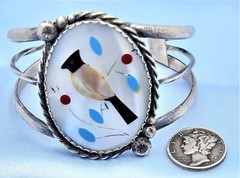 Vintage Zuni WOODPECKER Multi-Stone Flush Inlay Sterling Silver Cuff Bracelet