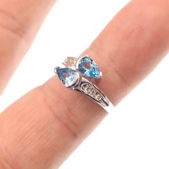 Classic 14k Solid White Gold Natural Blue Topaz and Diamond By-Pass Ring Size 7
