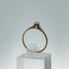14K Antique Yellow/White Gold Solitaire Old European Cut .05 Ct Detailed Ring